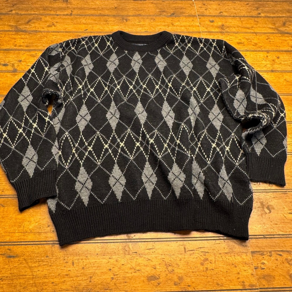 Puritan Argyle Sweater Black Grey Cream Crewneck‎ Knit Mens